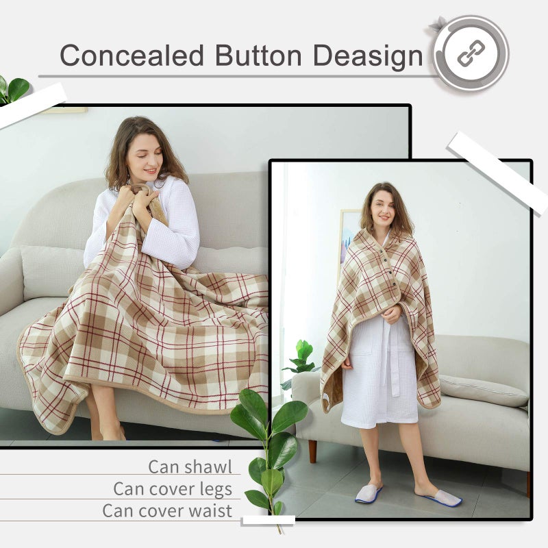 XING YE CHUAN Fleece Wearable Blanket, Comfy Poncho Throw with Buttons, Plush Sleeveless Blankets, for Women Cape Wrap Cover for Lightweight Microfiber Plaid Design (Beige) - Image 4